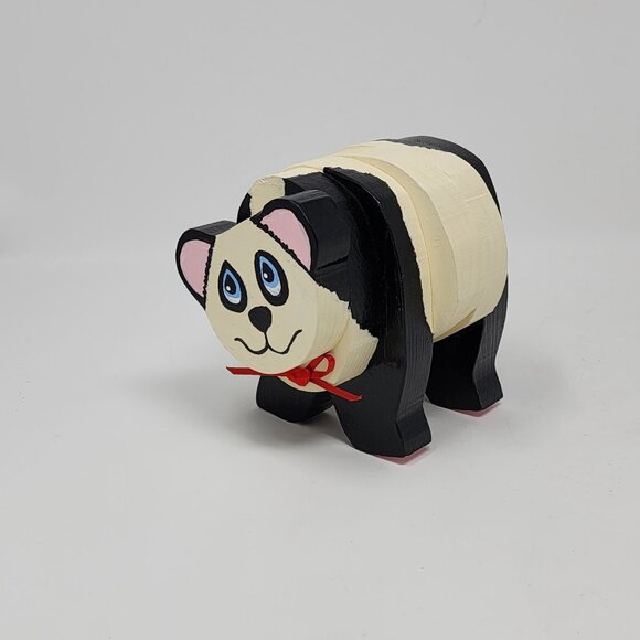 Handmade Wooden Panda Figure Black White Red Bow Cute Face 4.75" Tall - Picture 9 of 10